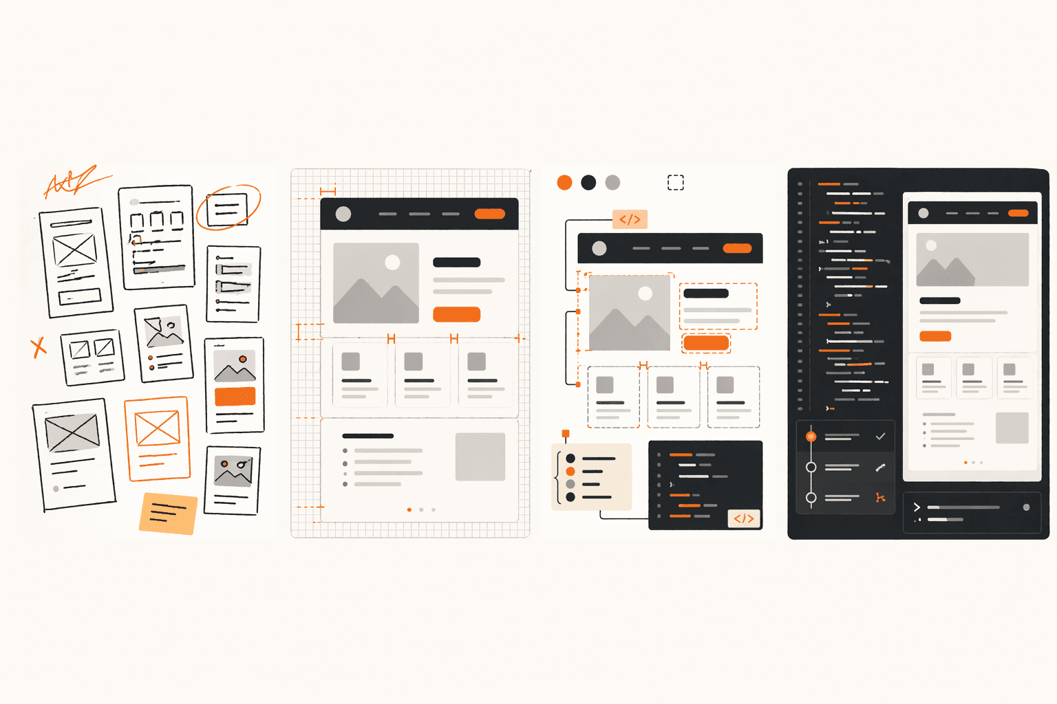 Four-phase AI design and coding workflow — from loose exploration sketches to production IDE