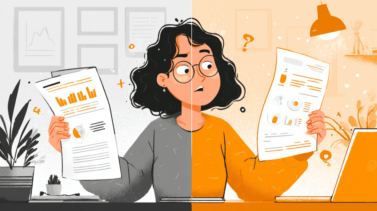 Designer comparing an unfocused project document with a clearer case study
