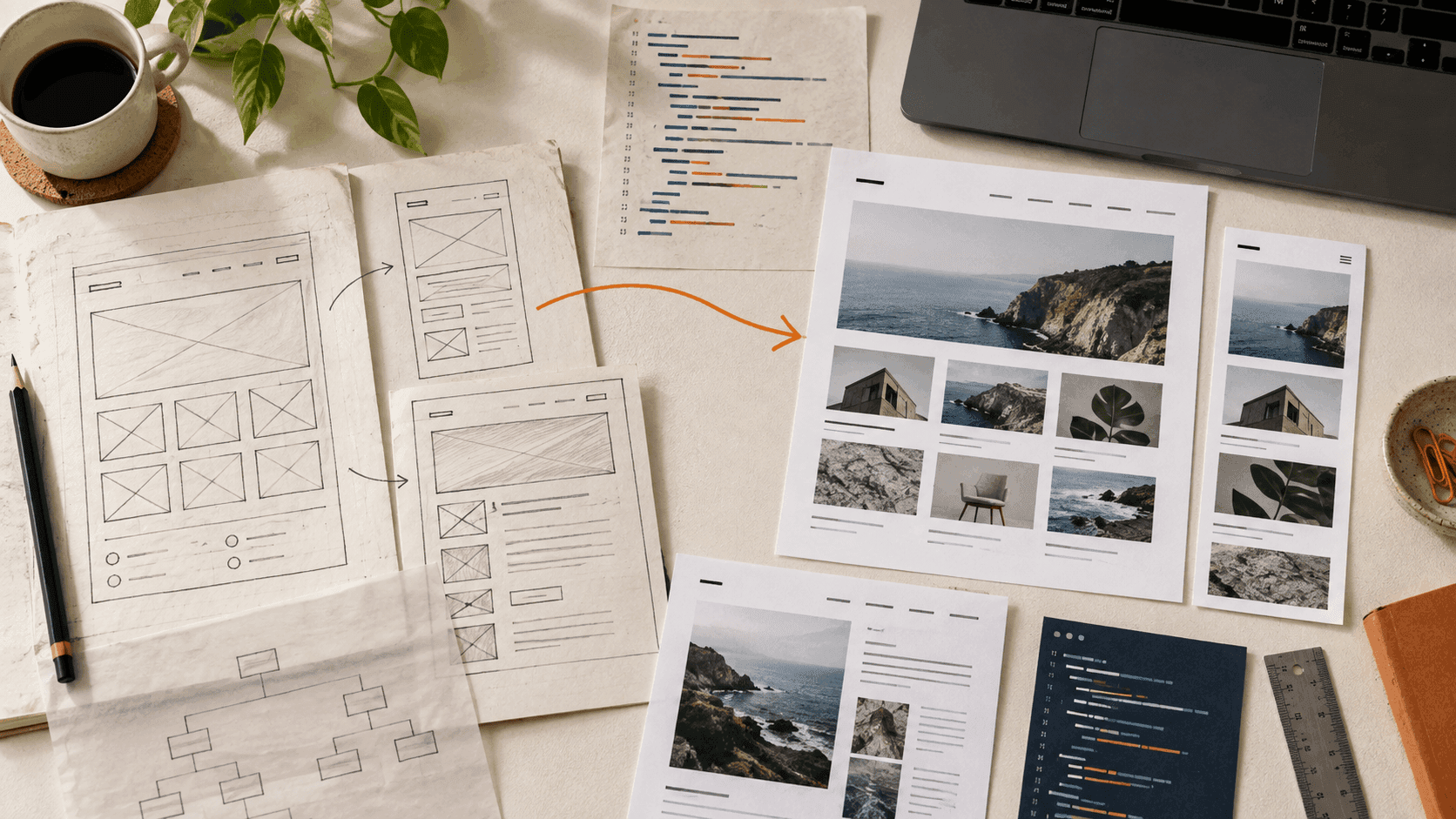 Paper portfolio wireframes, code studies, and responsive page proofs arranged on a worktable