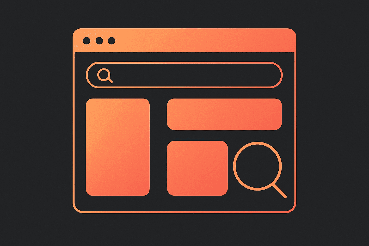 Stylized browser window with abstract UI panels on a dark background with warm orange accents