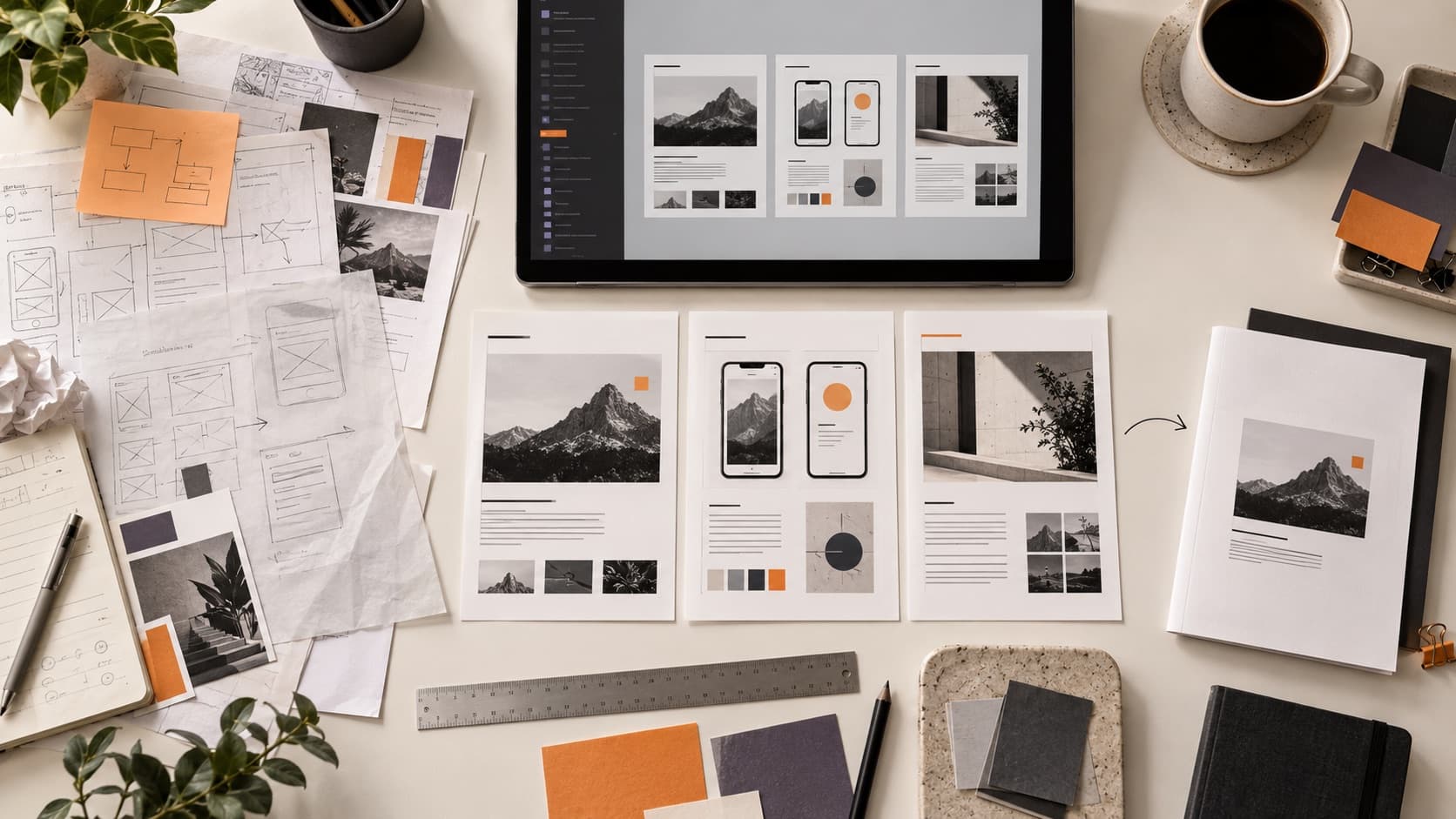 A portfolio workflow moving from sketches and working artifacts to organized case-study frames and a PDF export