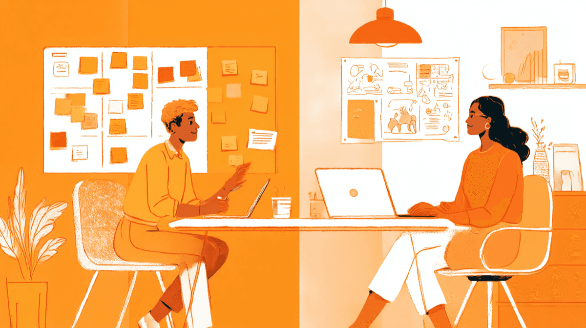 Designer facilitating a design critique session with team members providing constructive feedback