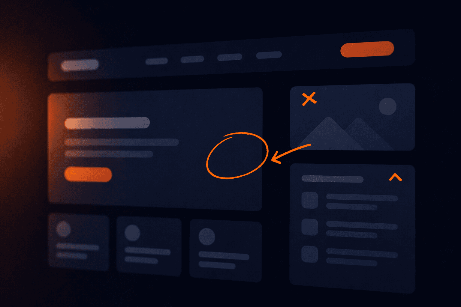 Abstract illustration of AI-generated interfaces being evaluated and refined on a dark background with warm accents