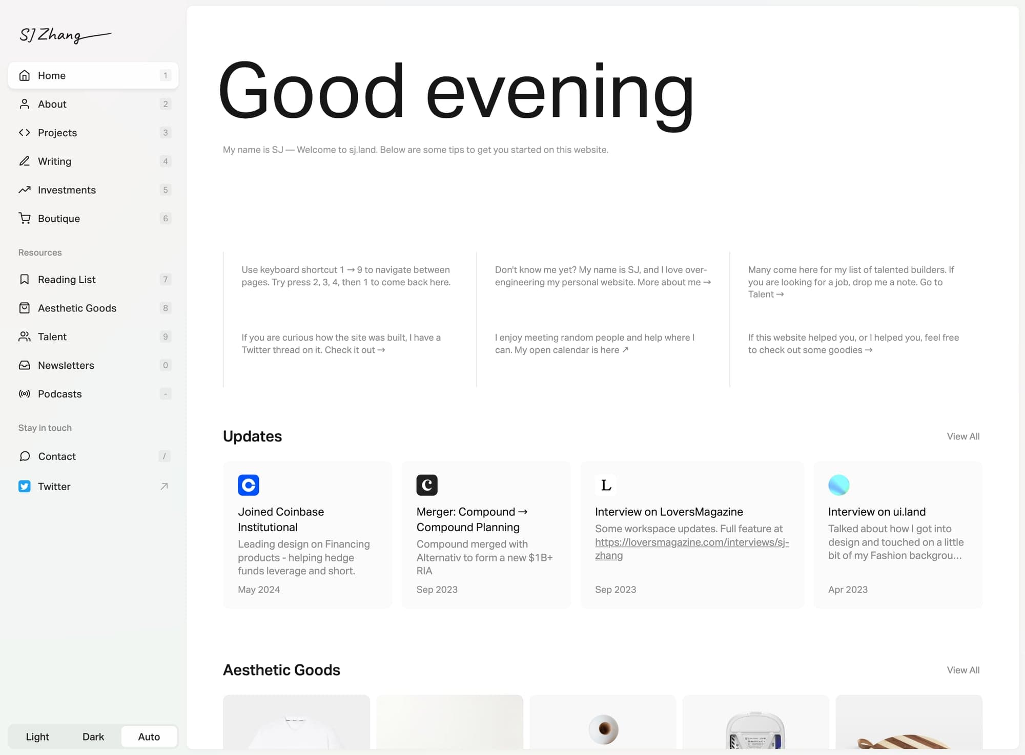 SJ Zhang portfolio homepage screenshot