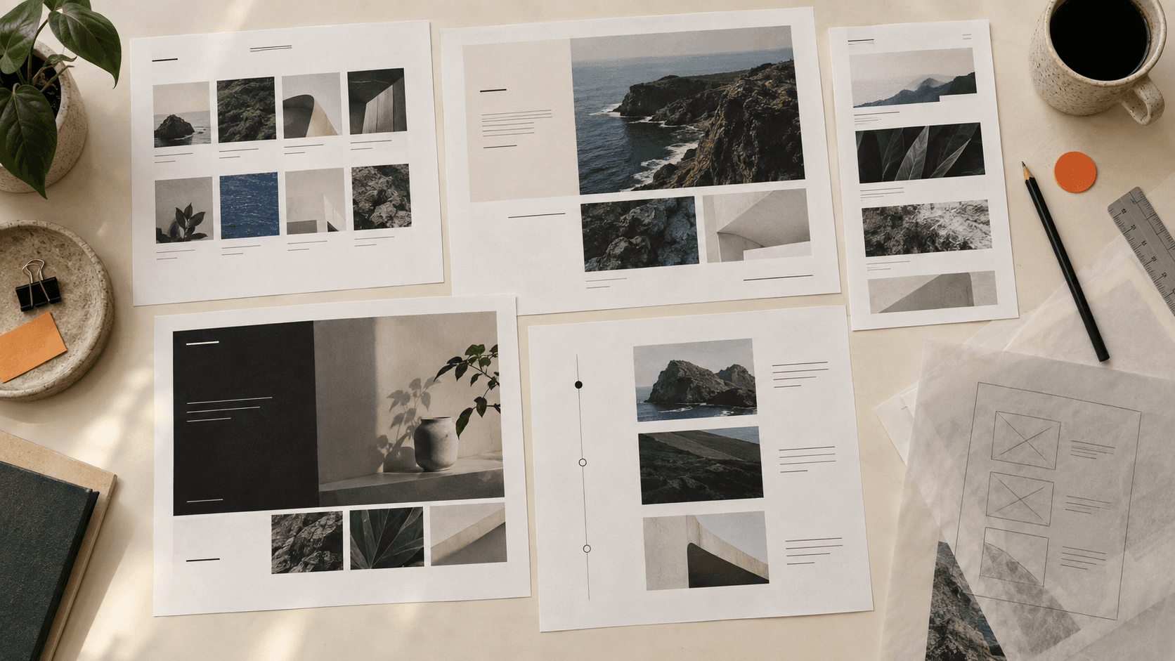 Printed portfolio layout studies showing grids, feature-led pages, indexes, and guided scroll structures