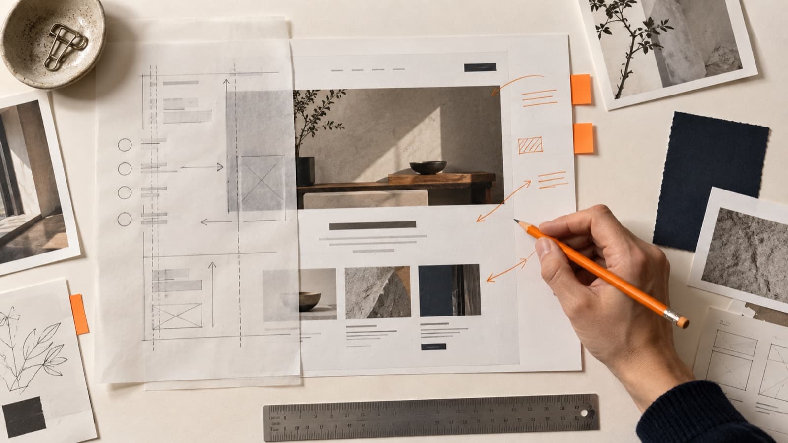 A design artifact reviewed with a translucent analysis layer and hand annotations