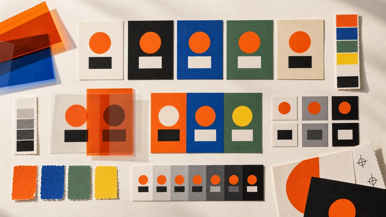 Editorial color tests showing the same orange shape changing across backgrounds, contrast levels, and palette roles