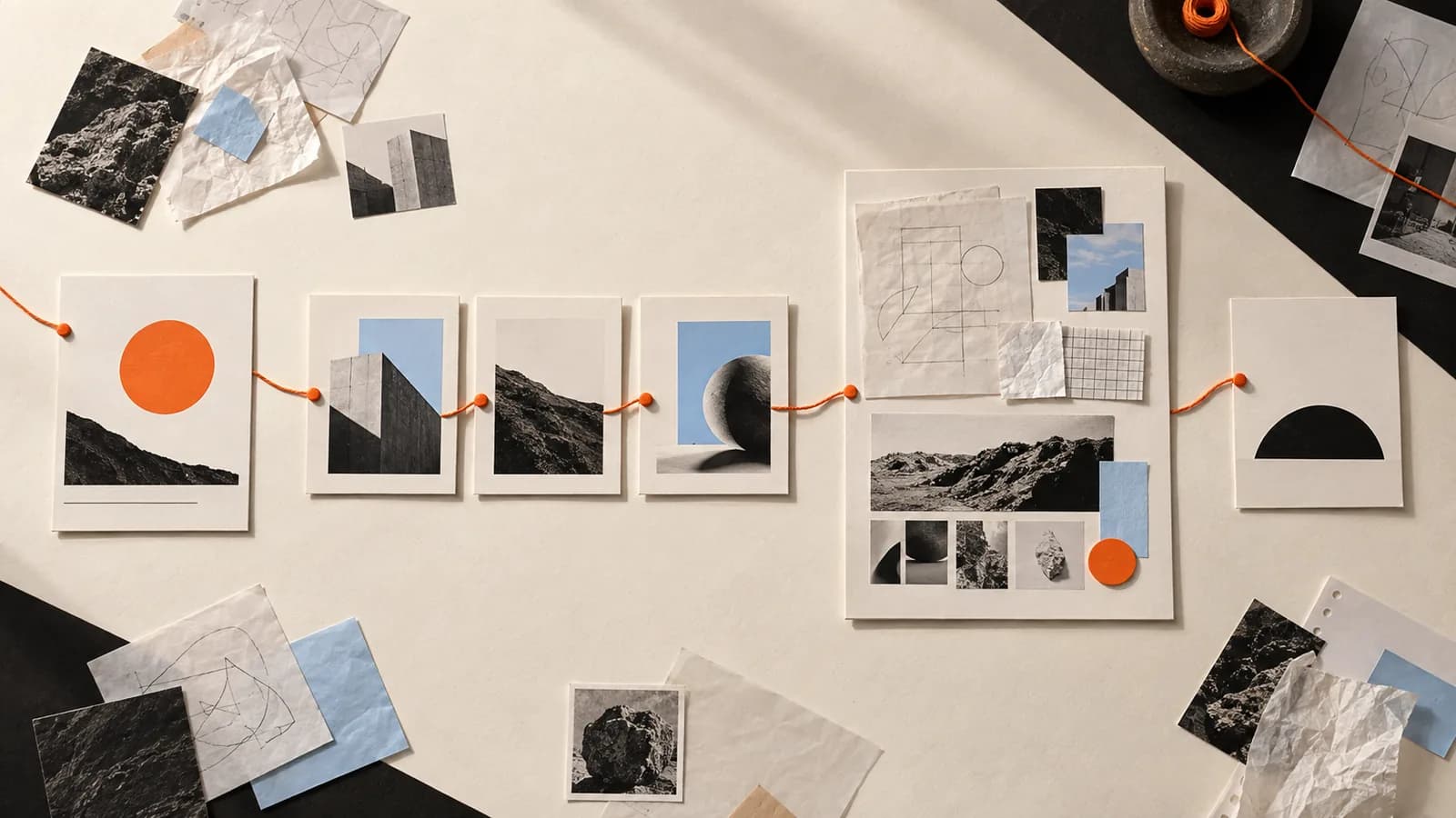 Editorial collage connecting selected projects, case study evidence, and a clear portfolio path