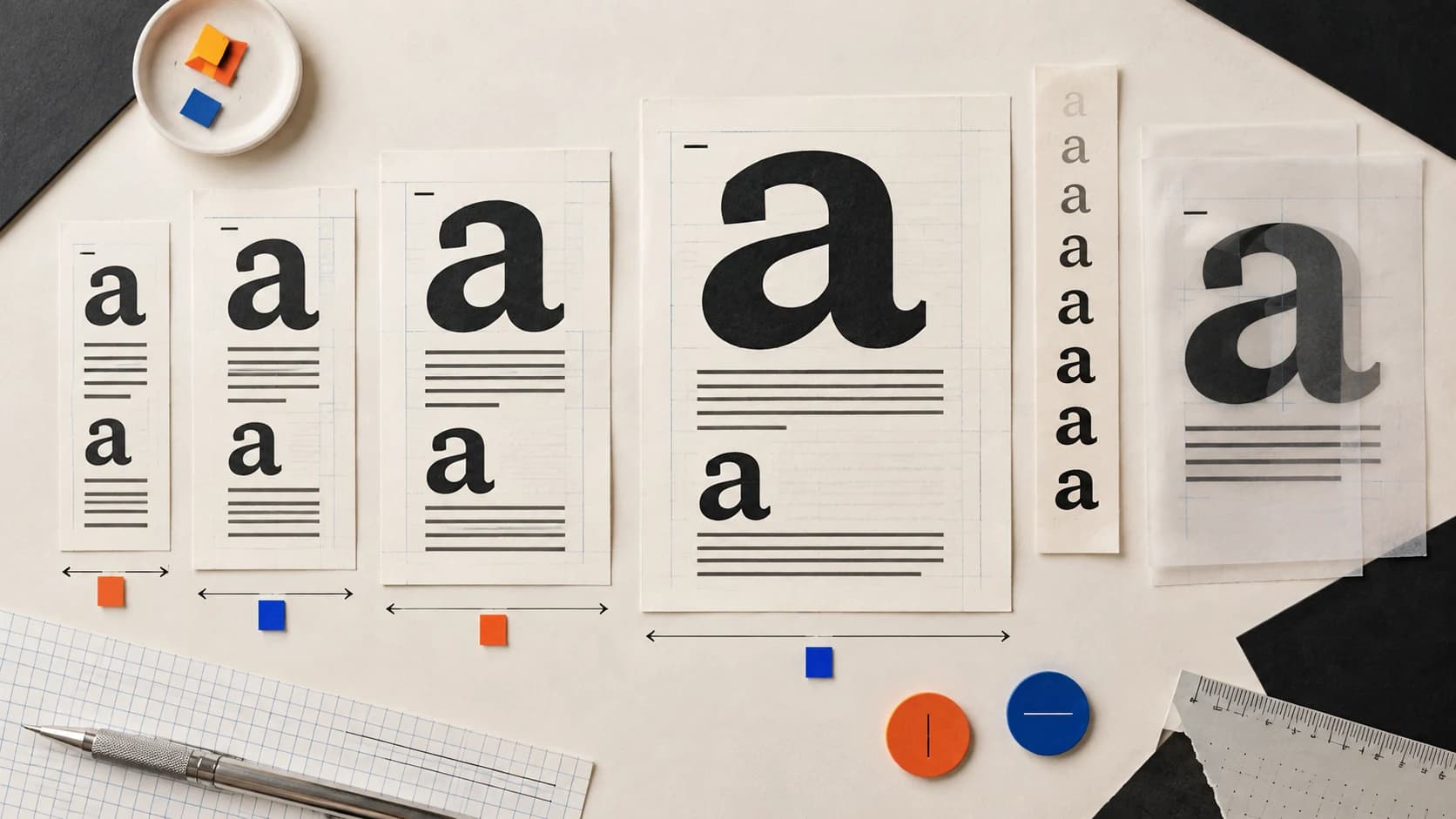 Paper type specimens showing a responsive scale, reading measure, and fallback-font alignment