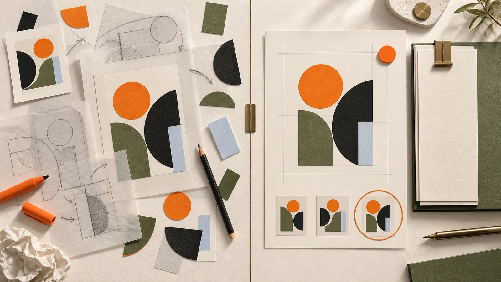Editorial diptych showing open design exploration beside a criteria-led final selection