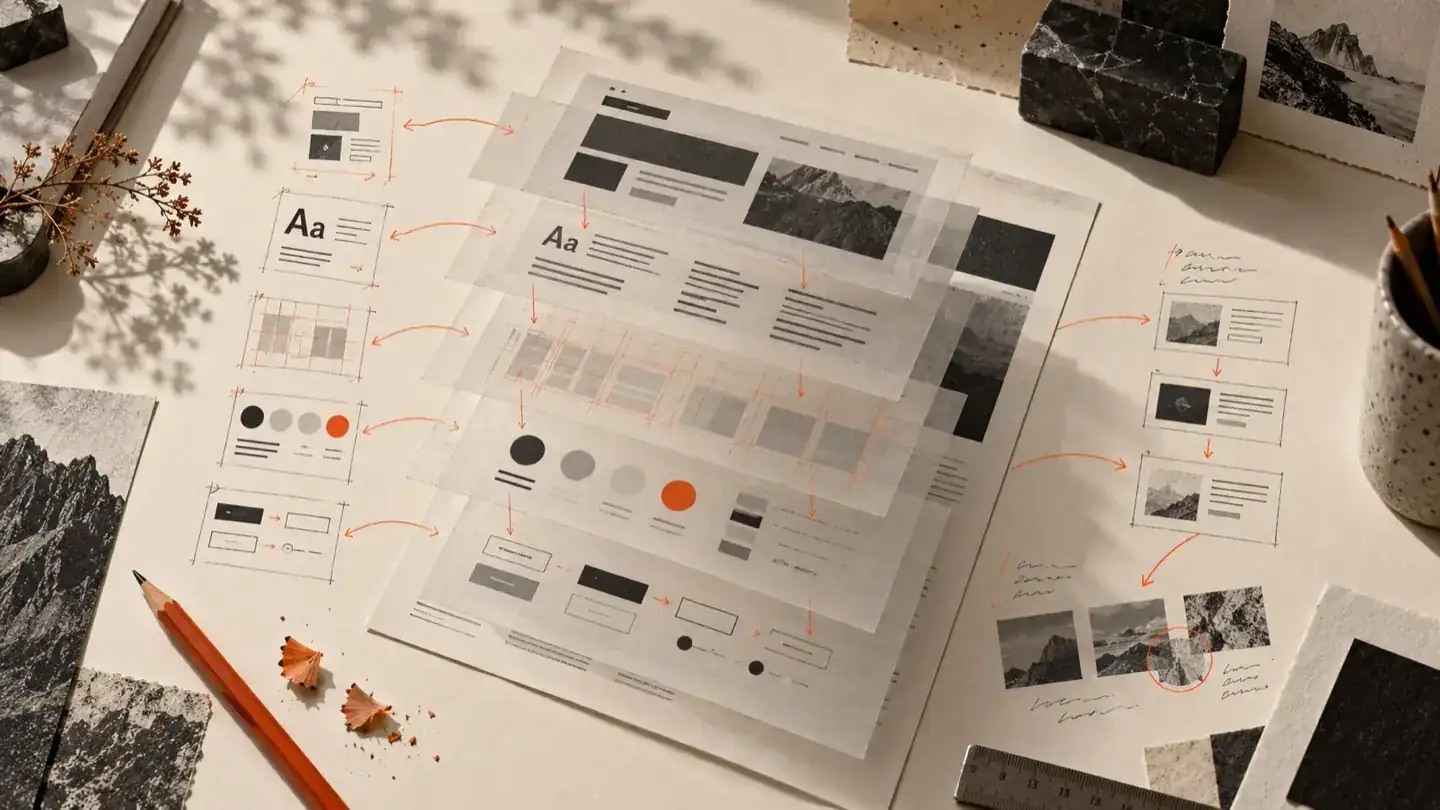 A printed interface composition separated into hierarchy, type, color, layout, and interaction diagnosis layers