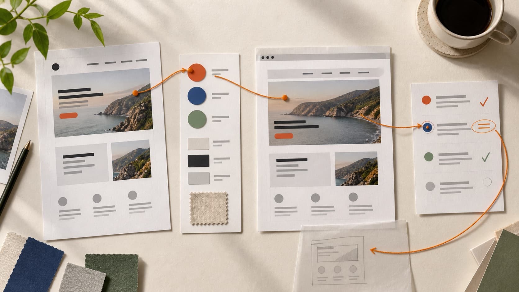 A design screen, component sheet, browser build, and review notes connected in a working loop