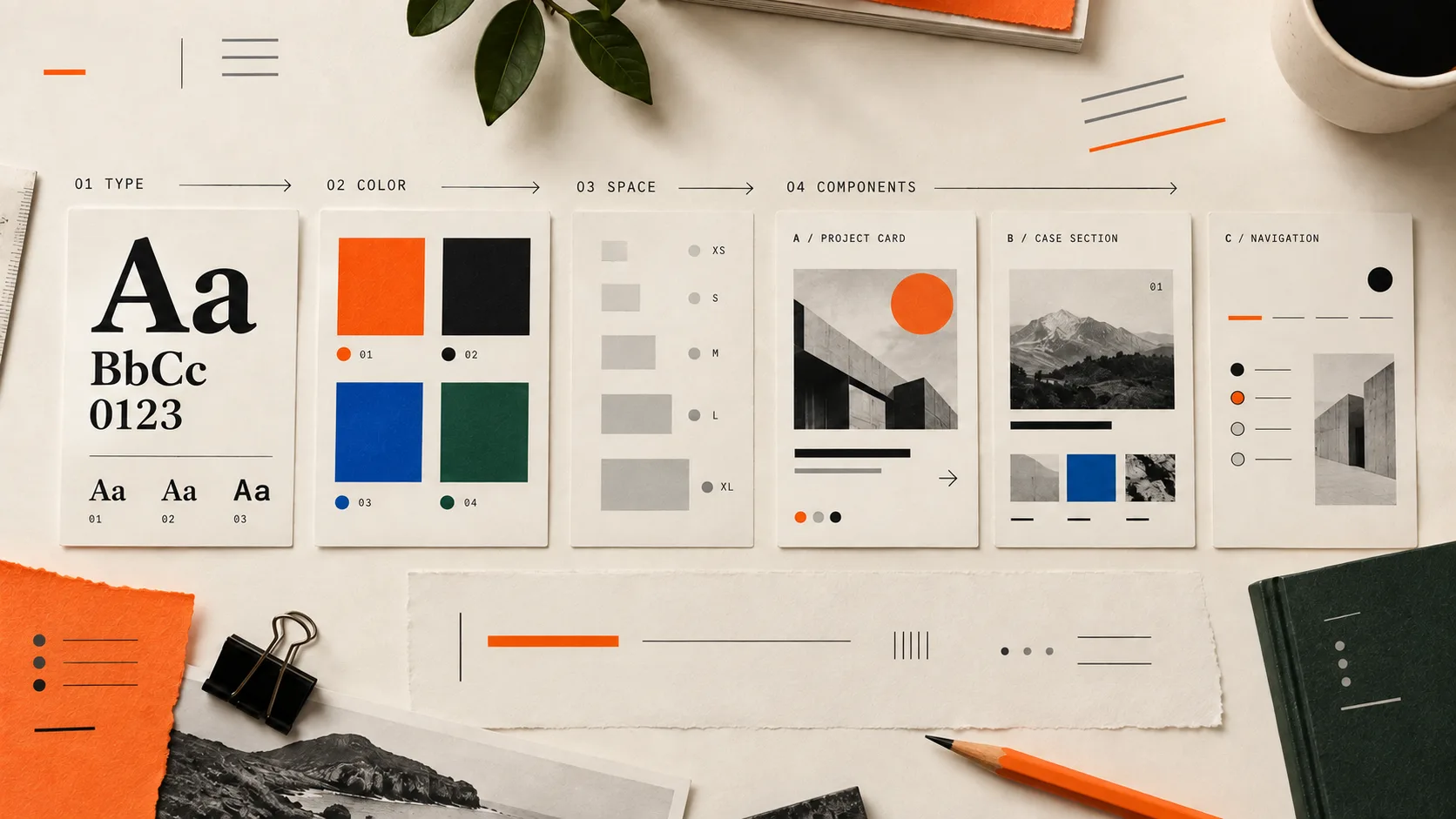 Typography, color, spacing, and reusable portfolio page patterns arranged as one small design system