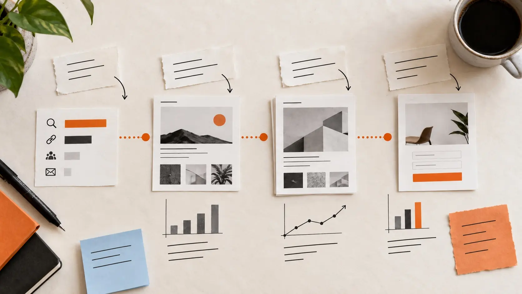 A tactile portfolio journey linking arrival, project exploration, and a meaningful action