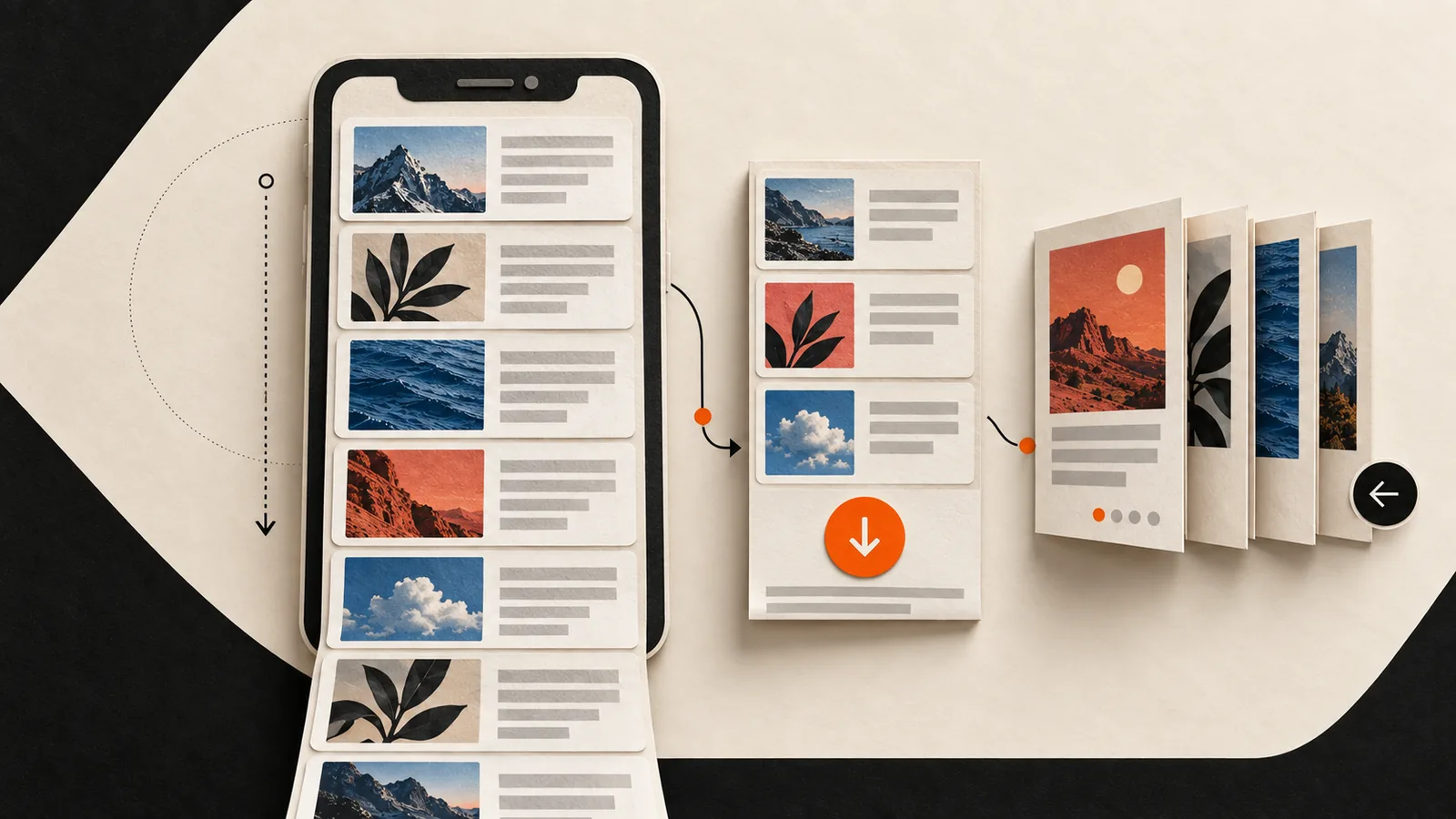 Paper mobile feed continuing past the screen beside load-more and paginated alternatives