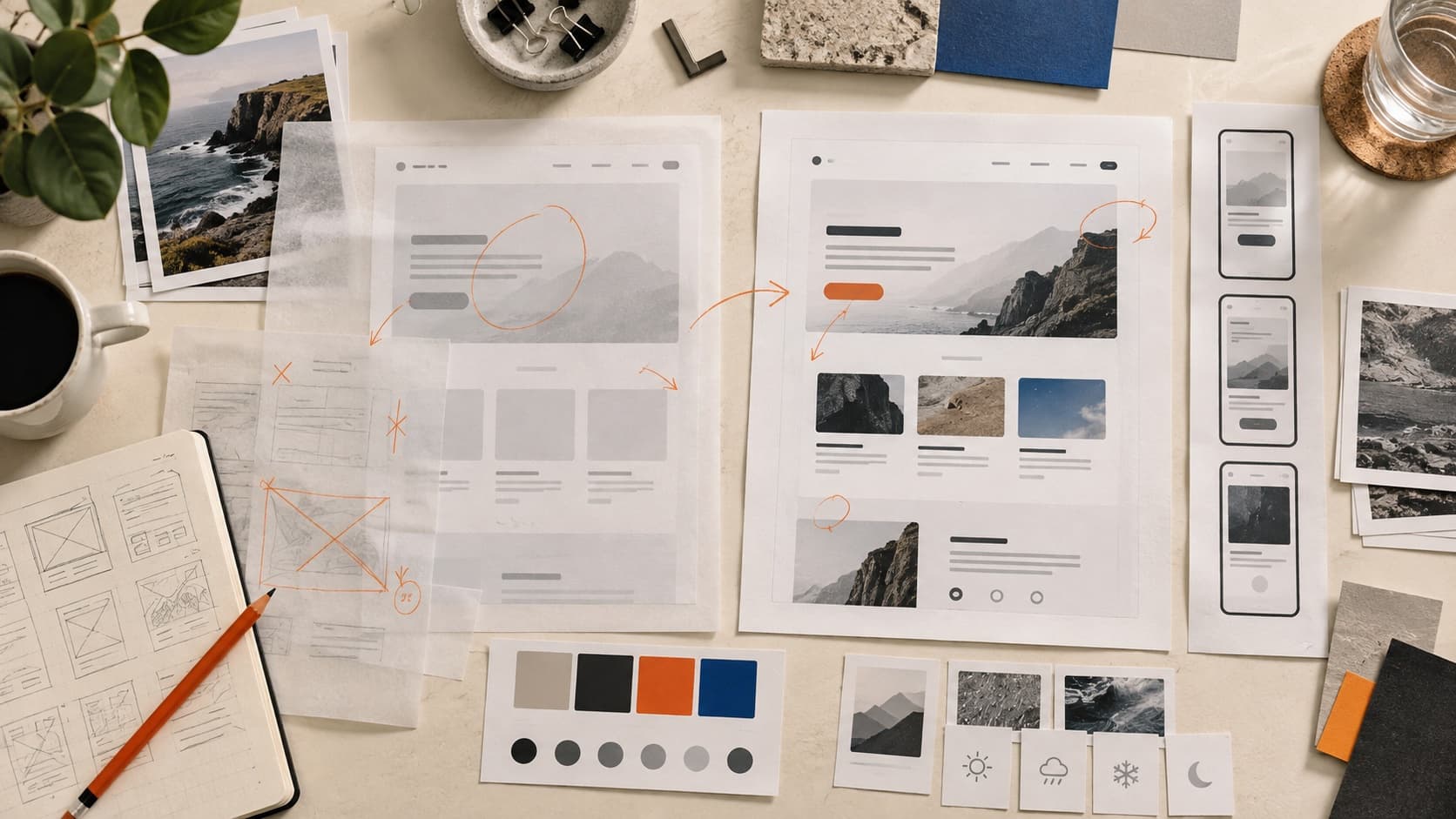 Two interface drafts on a design worktable, with tracing-paper critique notes and visual test materials