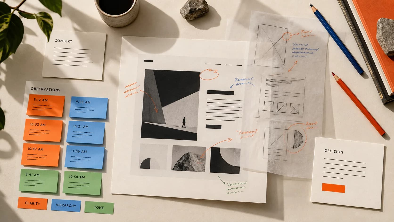 Design artifact surrounded by context, independent observations, annotations, and a recorded decision