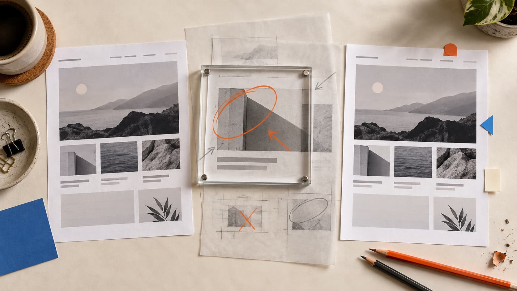 A portfolio printout shown as a first impression, close inspection, and revised direction on a design worktable