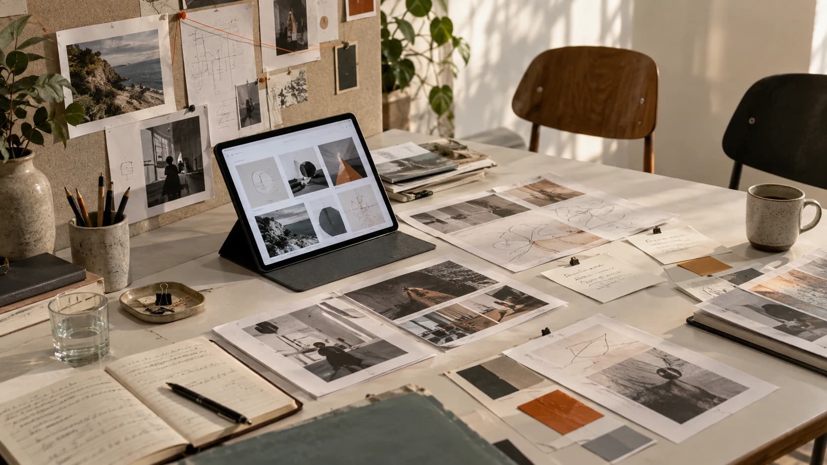 A designer's portfolio evidence, notes, and conversation space arranged for interview preparation