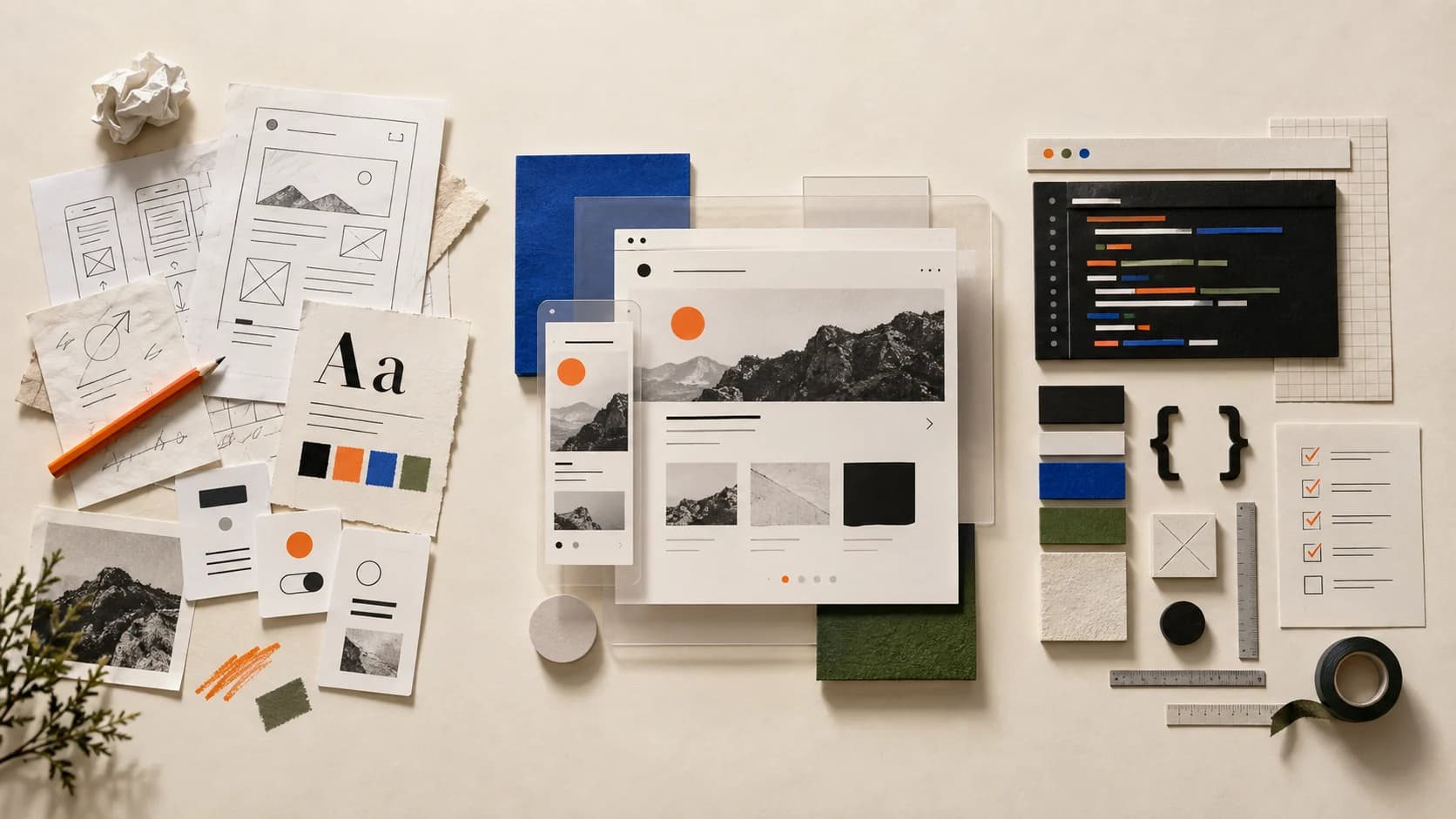 Editorial design desk connecting interface sketches, a responsive prototype, code, components, and quality checks