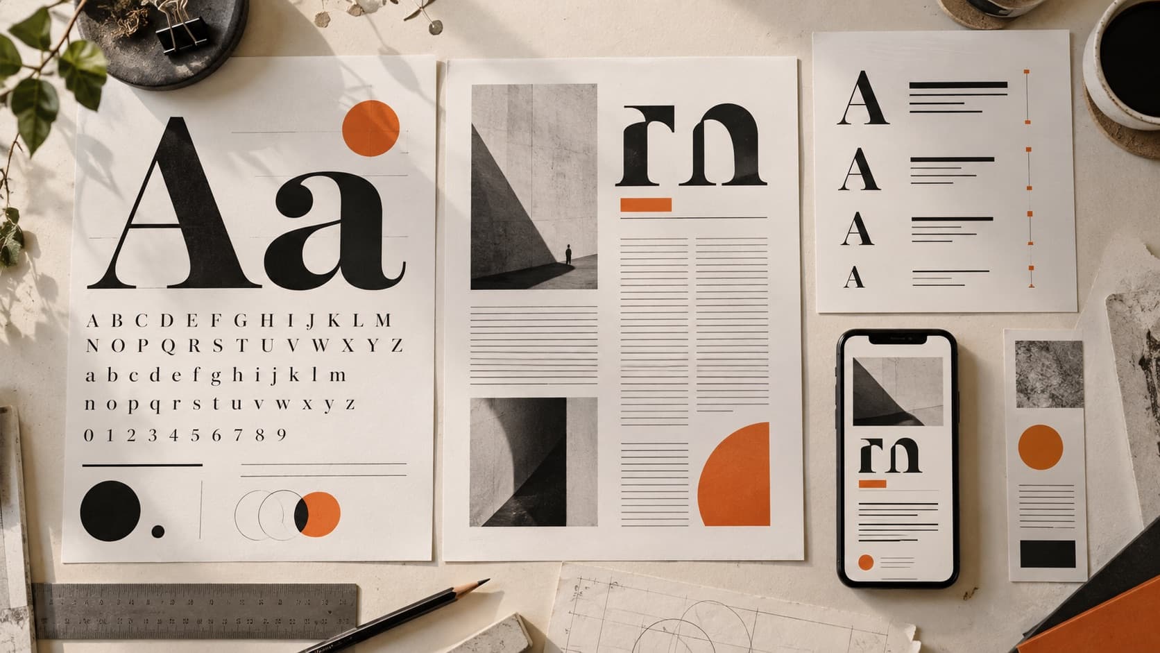 Printed typography specimens, a case-study page, hierarchy sheet, and mobile portfolio proof arranged on a design table