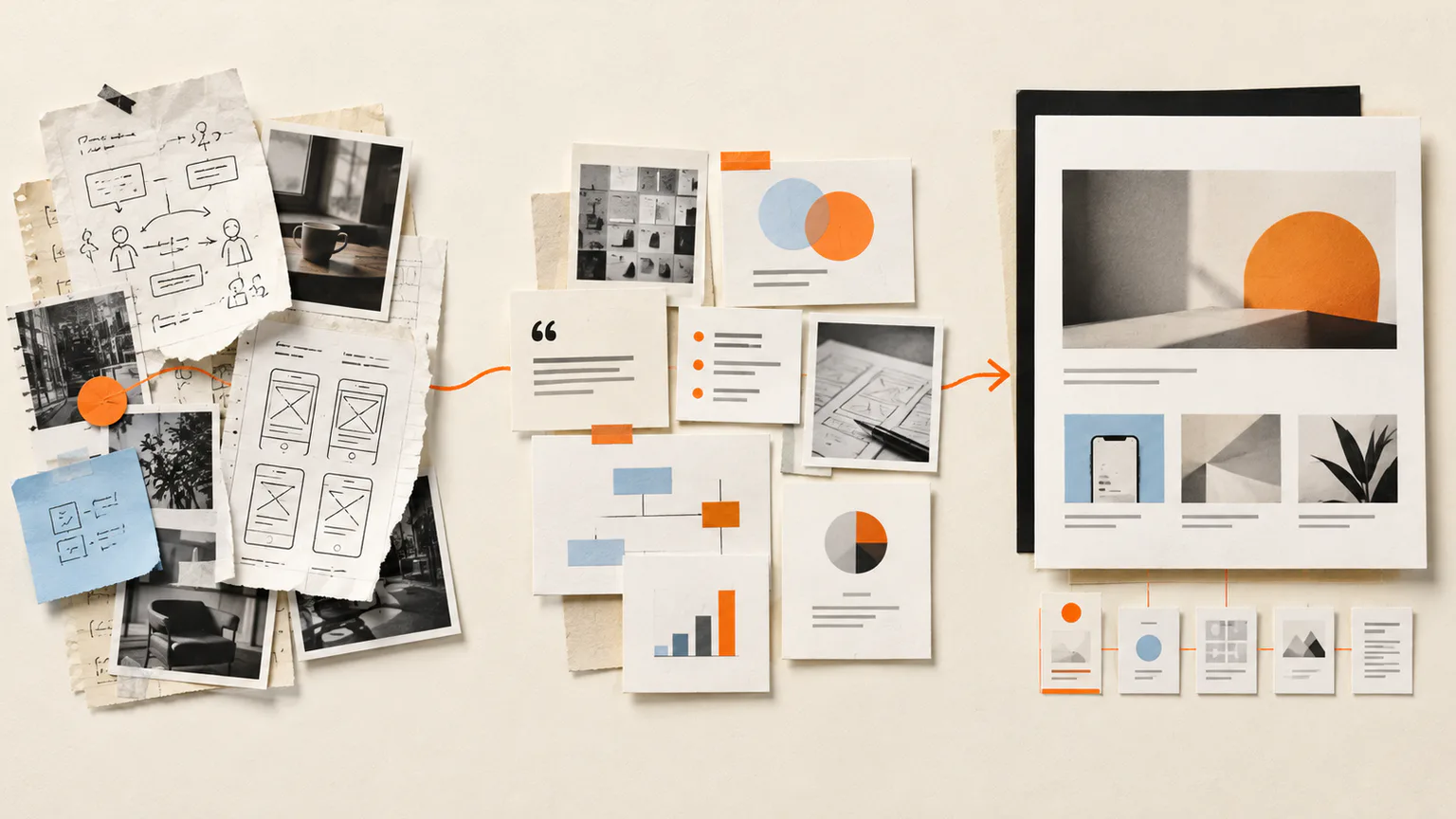 Editorial collage showing rough research notes becoming selected design evidence and a clear portfolio page