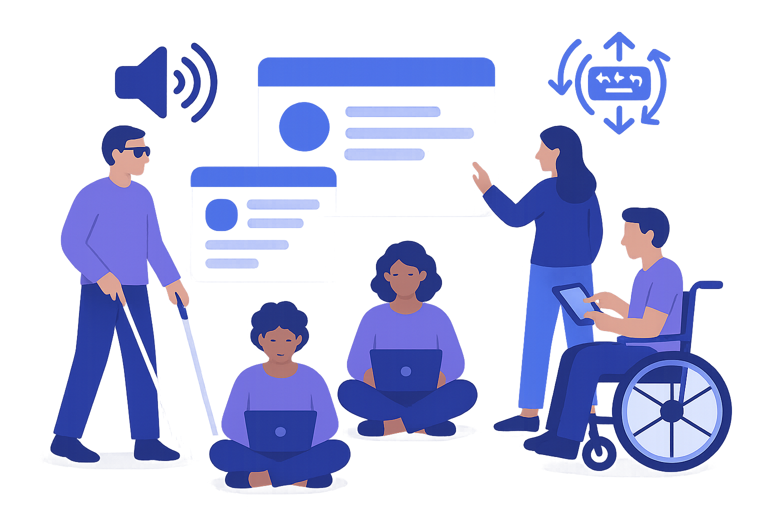 Inclusive design illustration showing diverse users interacting with accessible digital interfaces