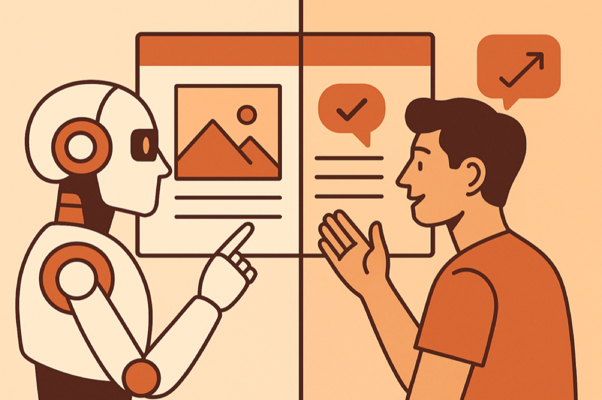 Split screen illustration of AI robot and human designer giving feedback on the same design