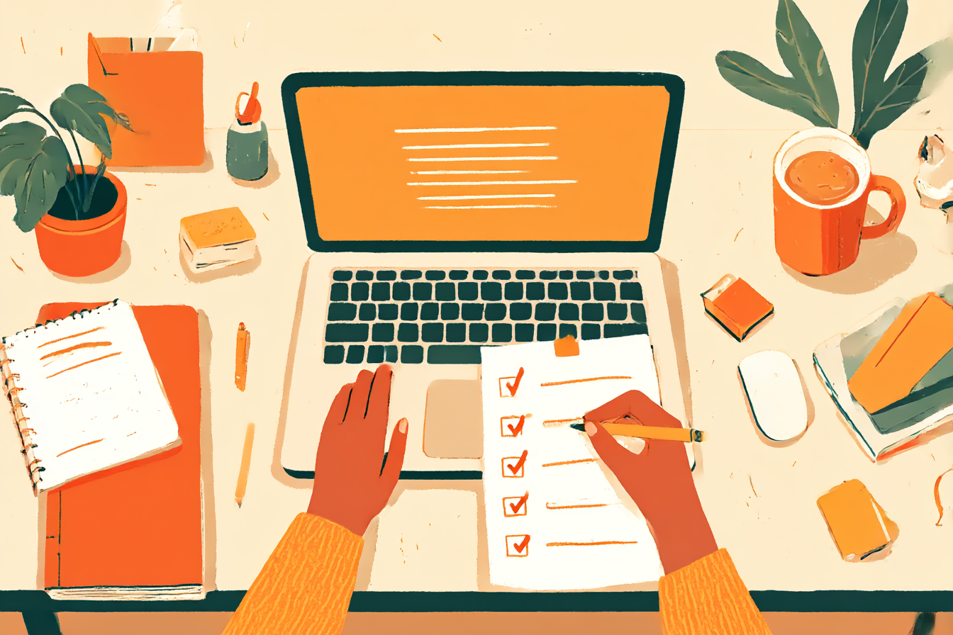 Clean workspace with portfolio checklist on paper next to laptop showing organized desk setup for self-assessment